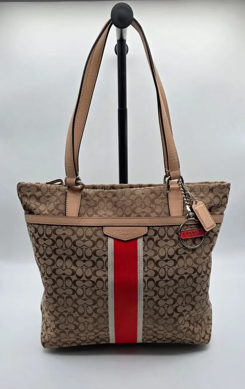 COACH SIGNATURE STRIPE JACQUARD TOTE BAG PURSE KHAKI HOT ORANGE